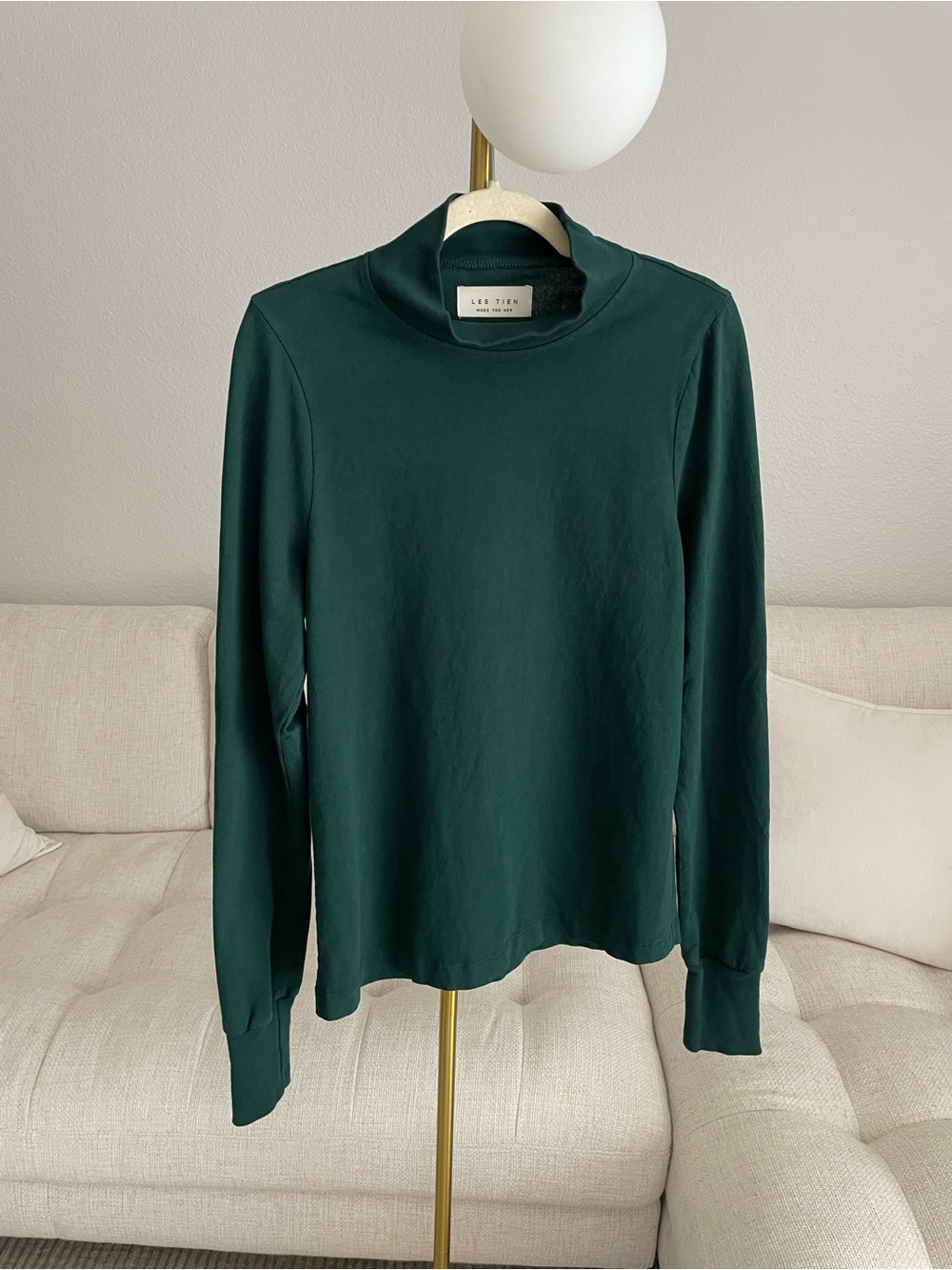 Sold Out Les Tien For Her Mockneck Long Sleeve Shirt Emerald Rainforest Green
